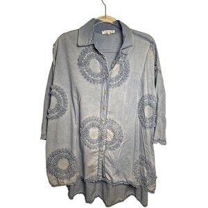 Tempo Paris Blue Embroidered Button-Front Tunic Top Women’s Small Boho Chic